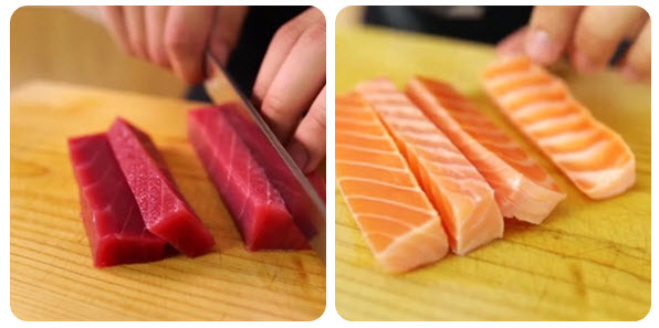 sashimi cá hồi và cá ngừ